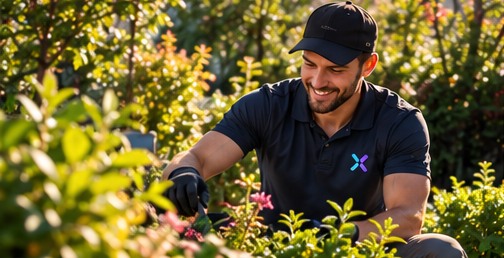 A gardener smiling while tidying a flower bed