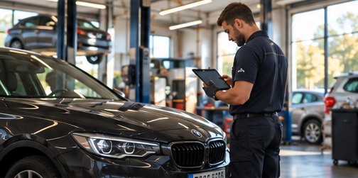 A mechanic checking a car in a garage