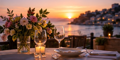 A restaurant table with flowers at sunset