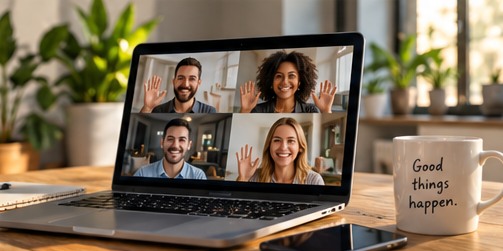 A laptop showing a team video call